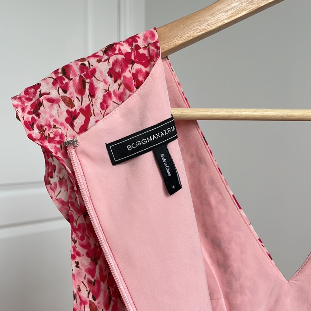 BCBG Jessa Ruffle Pink Floral V Neck Mini Dress Size 4 - Picture 5 of 10